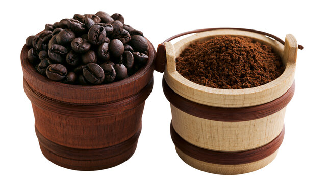 Isolated wooden buckets containing rich roasted coffee beans and freshly ground coffee powder.