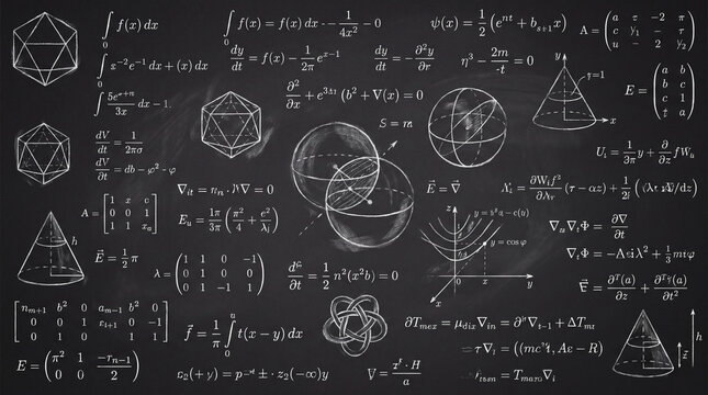 A black chalkboard filled with complex mathematical equations, integrals, derivatives, matrices, and geometric shapes, drawn in white chalk.