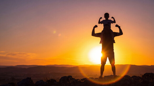 Silhouette of a father carrying his son on his shoulders at sunset, both flexing their biceps.