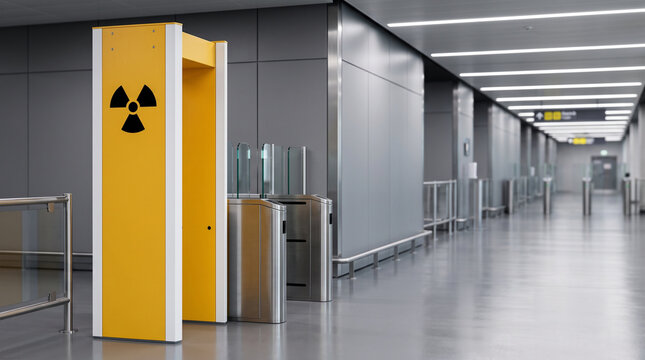 Radiation scanner gate with warning symbol at modern entryway. Security portal for radioactive material detection in industrial facility. Safety checkpoint for nuclear site monitoring.