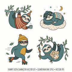 Fototapeta premium Cute Sloth Character Set Combining Humor, Colorful Details, and Playful Storytelling