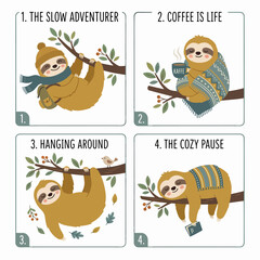 Fototapeta premium Cute Sloth Character Illustrations Showing Different Activities and Entertaining Animal Personalities