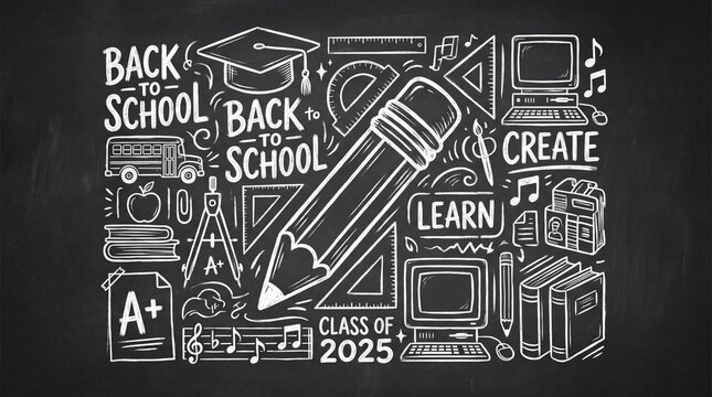 Chalkboard illustration with hand-drawn school icons, including a pencil, books, computers, and graduation cap, celebrating the start of the school year.