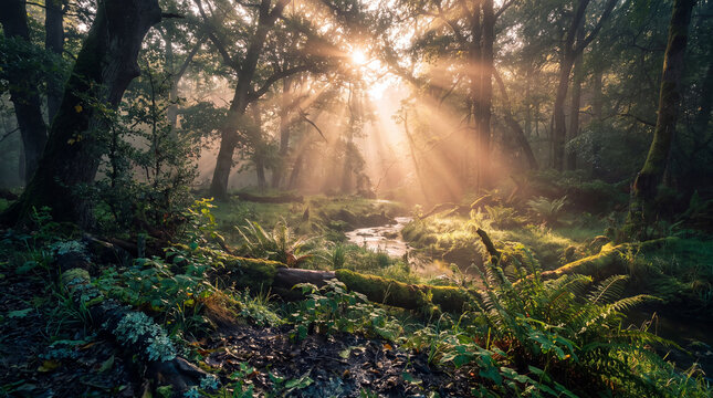 Sunbeams pierce through the mist in a serene forest, illuminating a babbling brook and lush greenery.