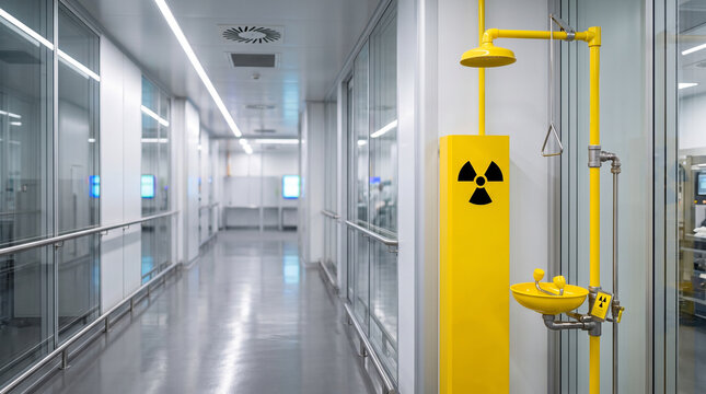 Emergency safety shower with eyewash station in laboratory corridor. Industrial equipment for decontamination in nuclear facility. Radiation hazard sign for workplace health and protection.