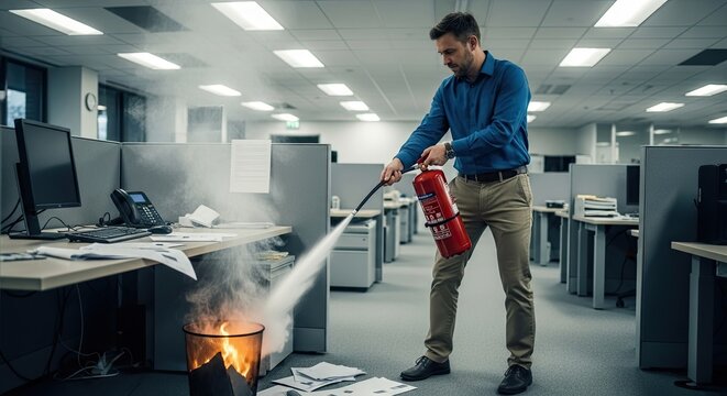 A man in an office setting, using a fire extinguisher to put out a fire in a trash can.