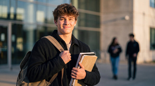 A happy young male student with a backpack and notebooks smiles while standing in front of a modern university building.