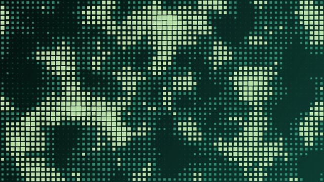 Abstract digital pattern of light green square pixels creating a camouflage or noise effect on a dark forest green background, geometric