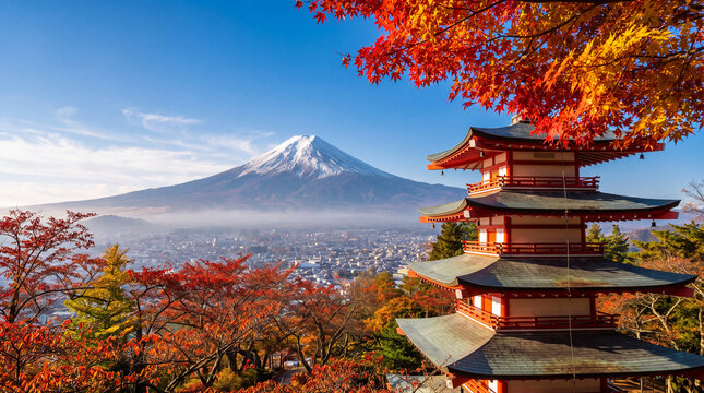 Iconic Mount Fuji and a vibrant red pagoda, framed by fiery autumn maple leaves, a stunning Japanese landscape.