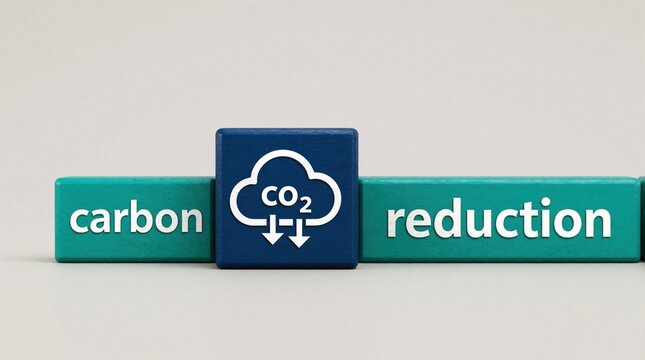 Wooden blocks form carbon reduction message on plain background. Blue center block shows CO2 cloud with down arrow symbol. Green blocks display text for eco concept. Sustainable strategy to decrease