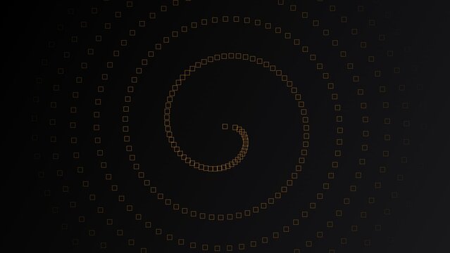 Golden square outline spiral pattern on a dark background, forming a geometric, vortex shape that, draws the eye, towards the center, of the