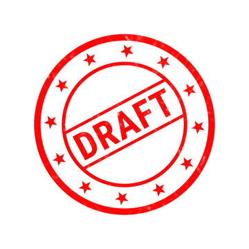 Red draft rubber stamp, circular grunge seal with stars, office document validation mark isolated on white