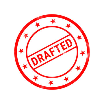 Red drafted rubber stamp on white background, circular ink stamp with stars, official document verification mark