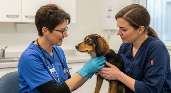 Two veterinary nurses examining a dog in a clinic.
