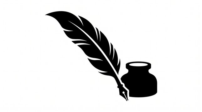Classic feather quill pen and inkwell silhouette illustration for vintage writing concept art