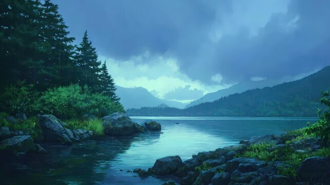 Lush green trees line the rocky shore of a tranquil lake as rain falls from an overcast sky above distant mountains