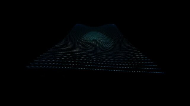 Abstract blue light wave grid of small dots slowly moving on black background creating immersive dynamic pattern for technological concepts.