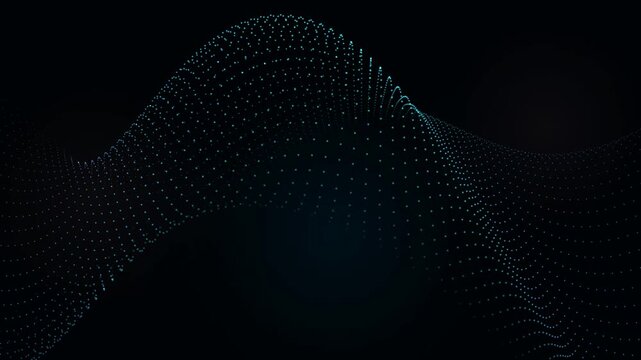 Abstract flowing waves composed of glowing light particles moving across dark background rhythmic digital motion design for creative projects.