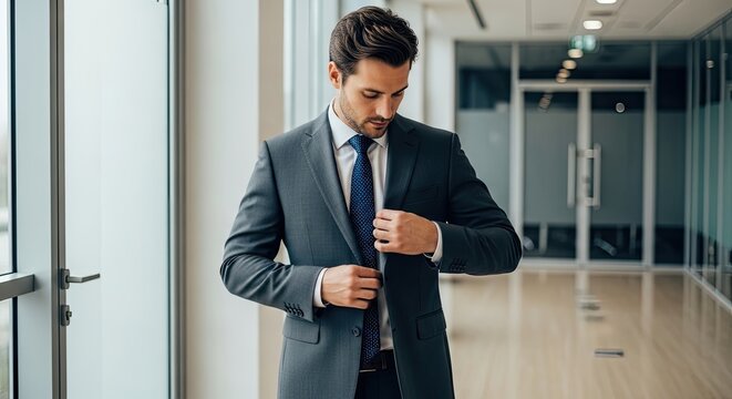 A man in a suit buttoning his jacket in an office hallway.
