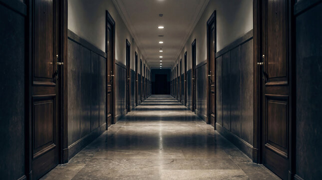 Closed Doors in a Dark Corridor Symbolizing Exclusion, Isolation and an Inaccessible World