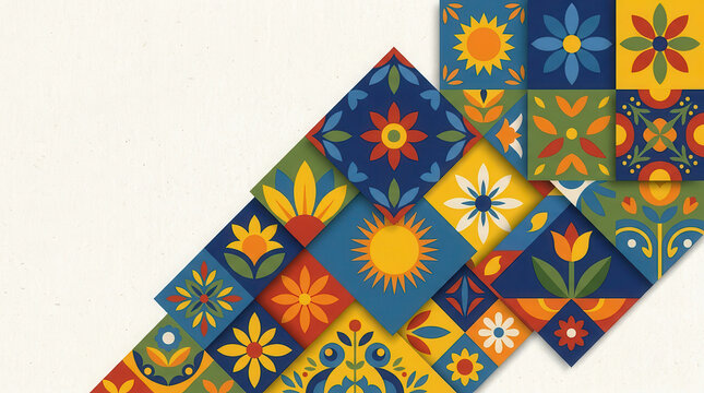 Colorful geometric pattern with stylized floral and sun motifs on a white background