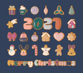 Fototapeta premium Gingerbread cookies set. Festive Christmas gingerbread cookies pack on blue backdrop. Sweet Xmas food, festive dessert treat, bakery decorated with icing. Flat vector illustrations
