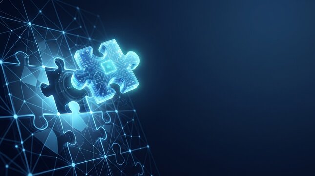 Business solution, digital puzzle, puzzle piece. 3D illustration of a glowing blue missing piece fitting into a futuristic technology network grid on a deep dark background for corporate integrations.