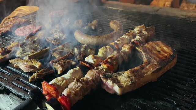 A grill is full of meat and vegetables, with a lot of smoke coming from it. The food looks delicious and is being cooked to perfection
