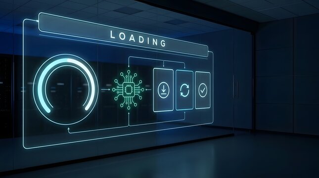 Futuristic digital interface showing a loading process with complex data visualization and glowing blue light