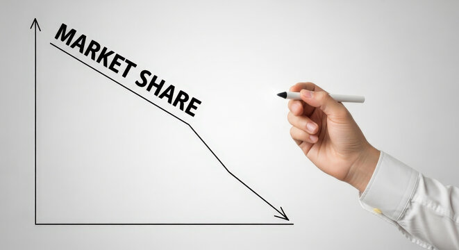 Market Share Drop Graph Illustration with Hand Holding Pen Showing Business Decline And Decrease In Revenue Business Analytics Financial Concept