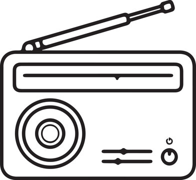 Line art illustration of a portable transistor radio with extended antenna on a white background