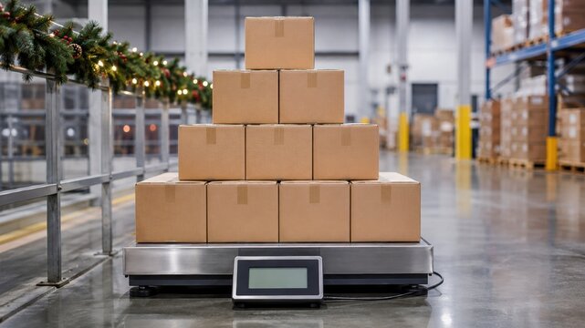 Boxes arranged in a pyramid shape on a scale in a warehouse during the day