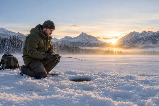 Eisangler bei Sonnenaufgang auf einem verschneiten Bergsee &ndash; Ein Mann kniet konzentriert am Eisloch und fischt in winterlicher Gebirgslandschaft mit goldenem Morgenlicht.