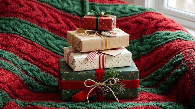 A stack of four wrapped gift boxes resting on a red with various festive patterned knitted blanket surface surface indoors during patterned paper sits