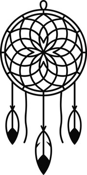 Dreamcatcher silhouette vector ornament with hanging feathers and geometric mandala pattern isolated on white background.