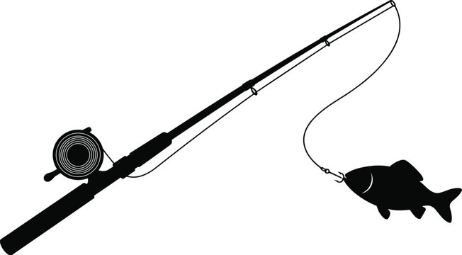 PrintFishing rod silhouette vector with reel line hook and fish isolated on a white background for design