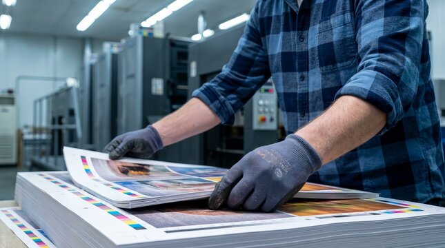 Professional worker checks registration marks on paper sheets for accurate graphic reproduction.