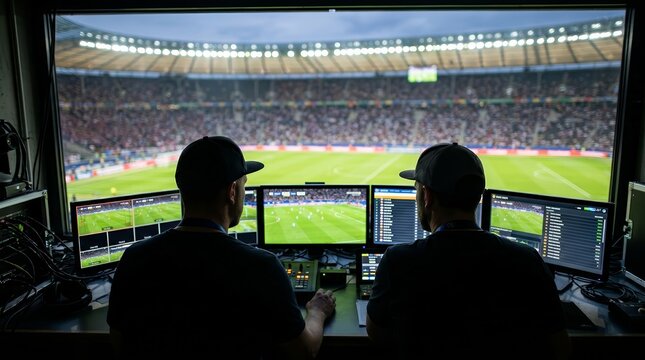 Two men in baseball caps working in a professional stadium broadcast booth.