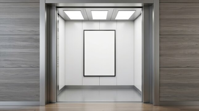 Modern elevator cabin interior with a blank vertical poster frame.