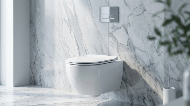 Modern wall mounted suspended toilet with push button flush in luxury bathroom.