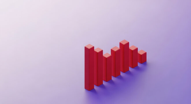 Minimalist 3D Bar Graph Representation with Red Columns Against Gradient Background Showing Data Analysis and Progress Illustration Symbol Statistics