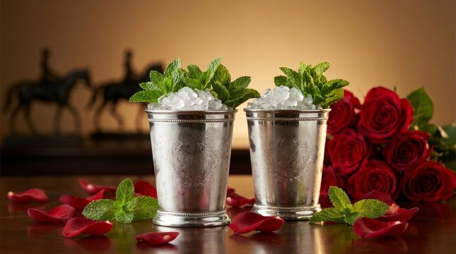 Elegant silver mint julep cups filled with crushed ice and fresh mint leaves.