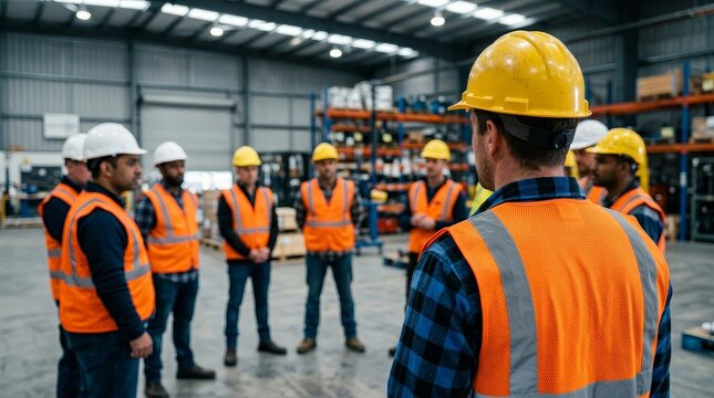 Construction workers listening to a safety briefing in a large warehouse setting.