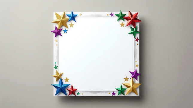 Square white frame decorated with colorful three dimensional stars on a light gray background