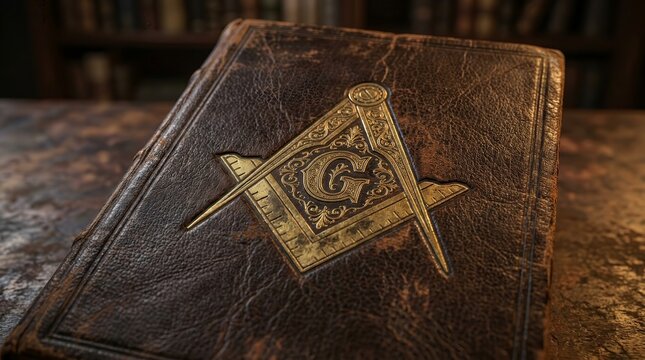 Close up of an old Masonic book with a gold embossed compass and square symbol.