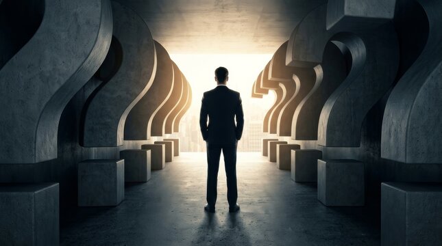 A man walking through a room made of giant question marks toward bright light.