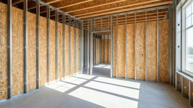 Interior view of an unfinished building space with metal stud framing and osb sheathing.