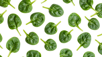 Isolated vibrant green fresh spinach leaves pattern for healthy eating and cooking concepts