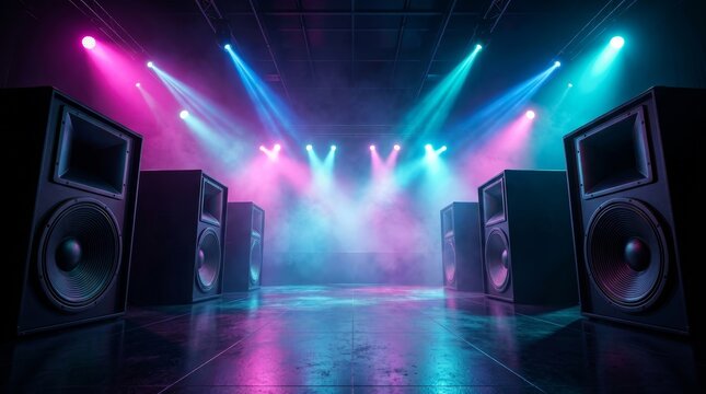 Vibrant pink and blue stage lights shine on concert speakers lined up on a club floor.