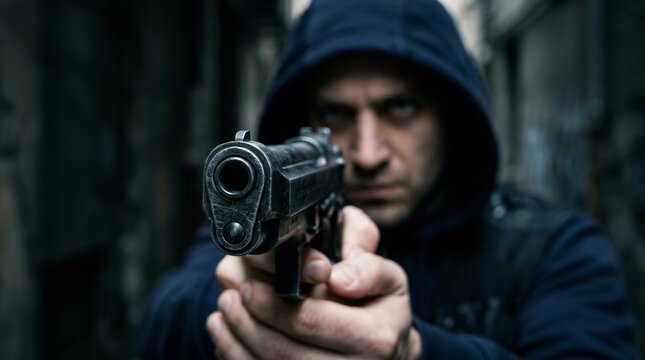 A hooded killer pointing a gun directly at the camera.